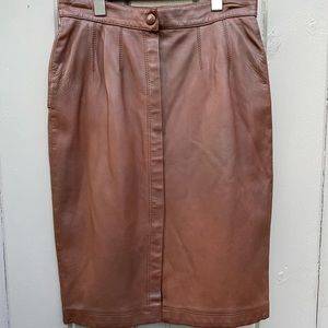 Vintage French Brown Leather Pencil Skirt France by Anatheme, Chevron Detail S